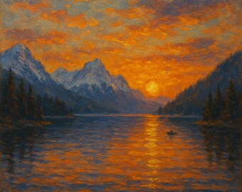 Atardecer tranquilo en un lago con montañas: arte mural con paisaje natural, estilo óleo