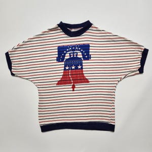 RARE 70s 80s Kids Toddler Vintage The Liberty Bell  Red Blue Multicolour Stripe American Patriotic Dolman Sleeve Ringer Tshirt / 6y 7y 8y