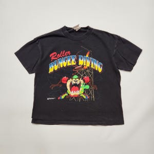 1994 Kids Youth Vintage Warner Bros Tasmanian Devil Taz Roller Bungee Diving Cool Graphic Black Single Stitch Tshirt / 10y 11 12y / XXS
