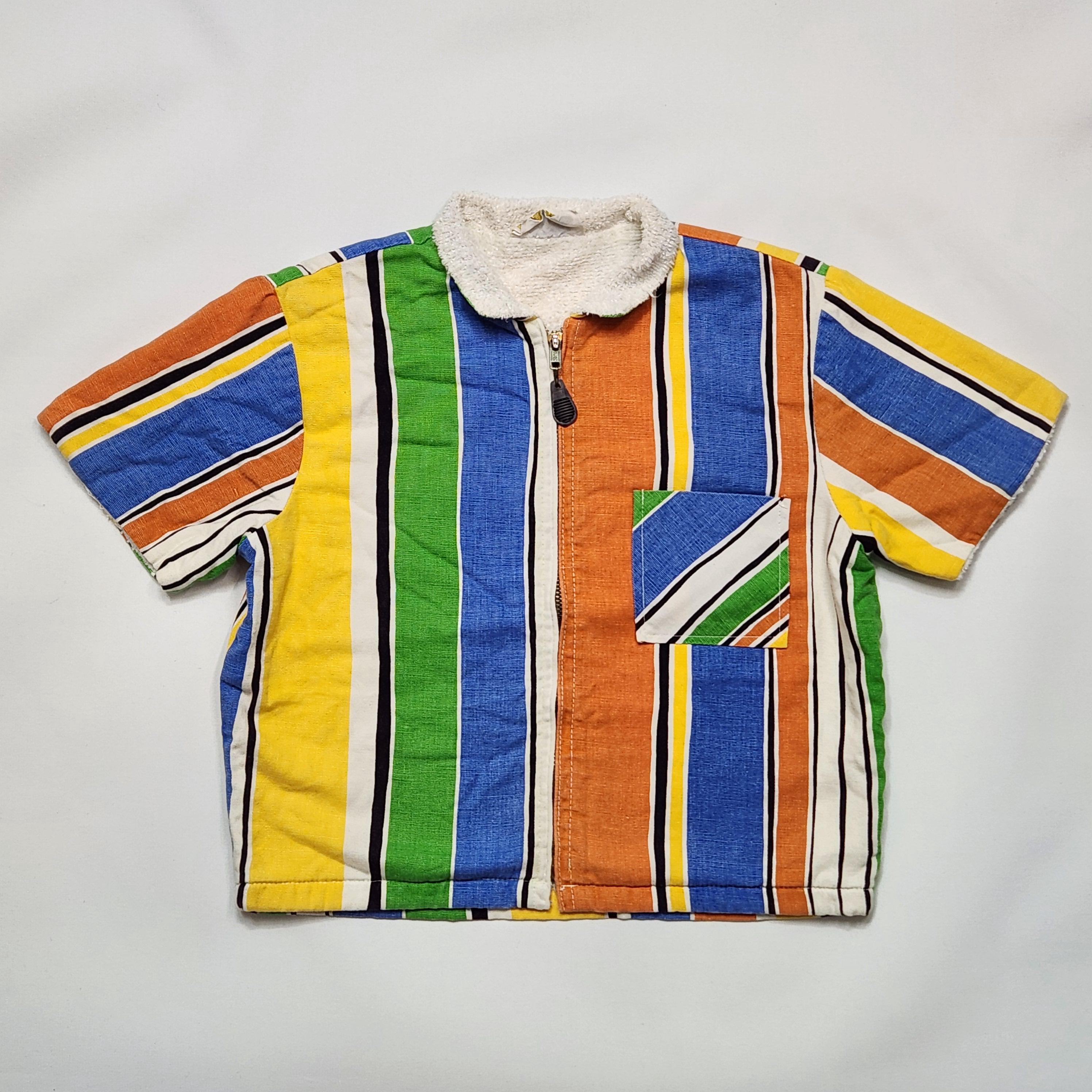 Vintage 70s Pickwick Striped Terry Cloth Cabana Jacket Kids Short Sleeve Zip Up