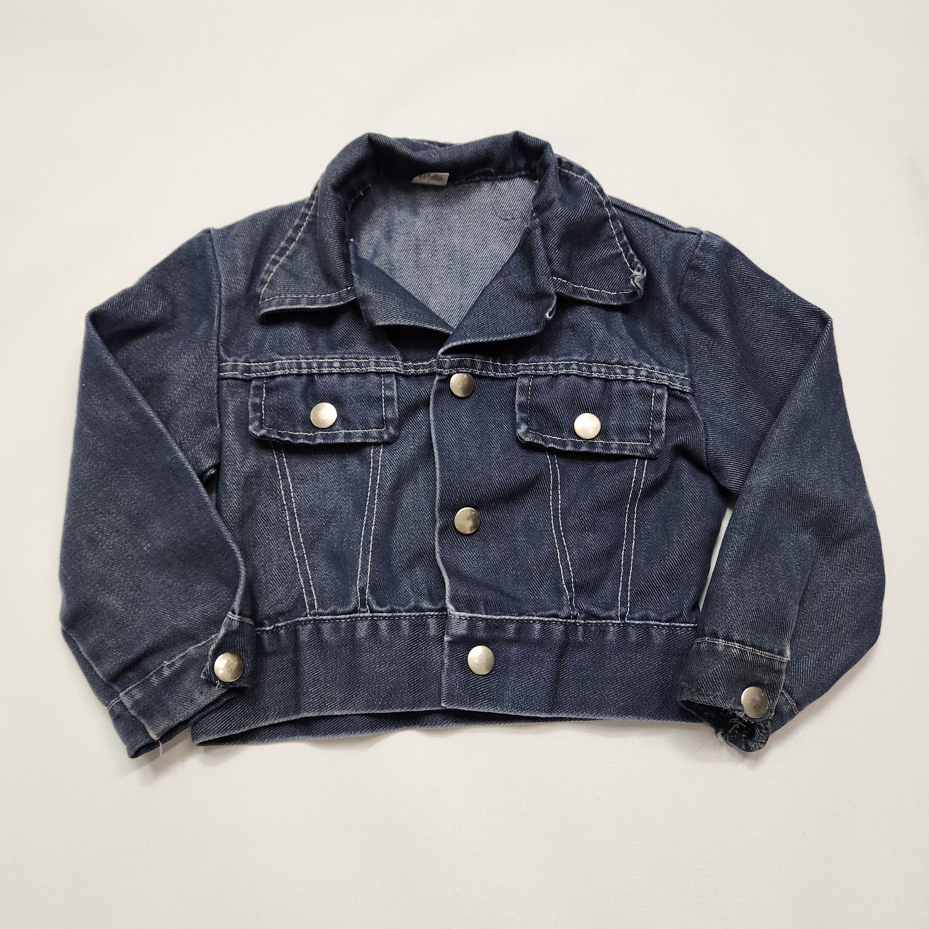 Vintage 70s Dark Wash Denim Jacket Kids Small Snap Button Cropped Jean Jacket