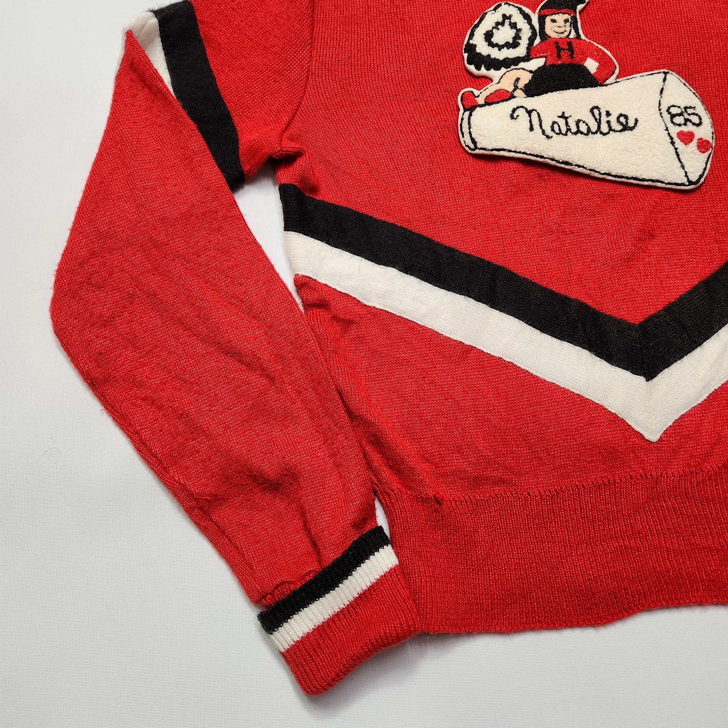 Vintage 85 Cheerleader Sweater Natalie Red Black White Chenille Patch image 3