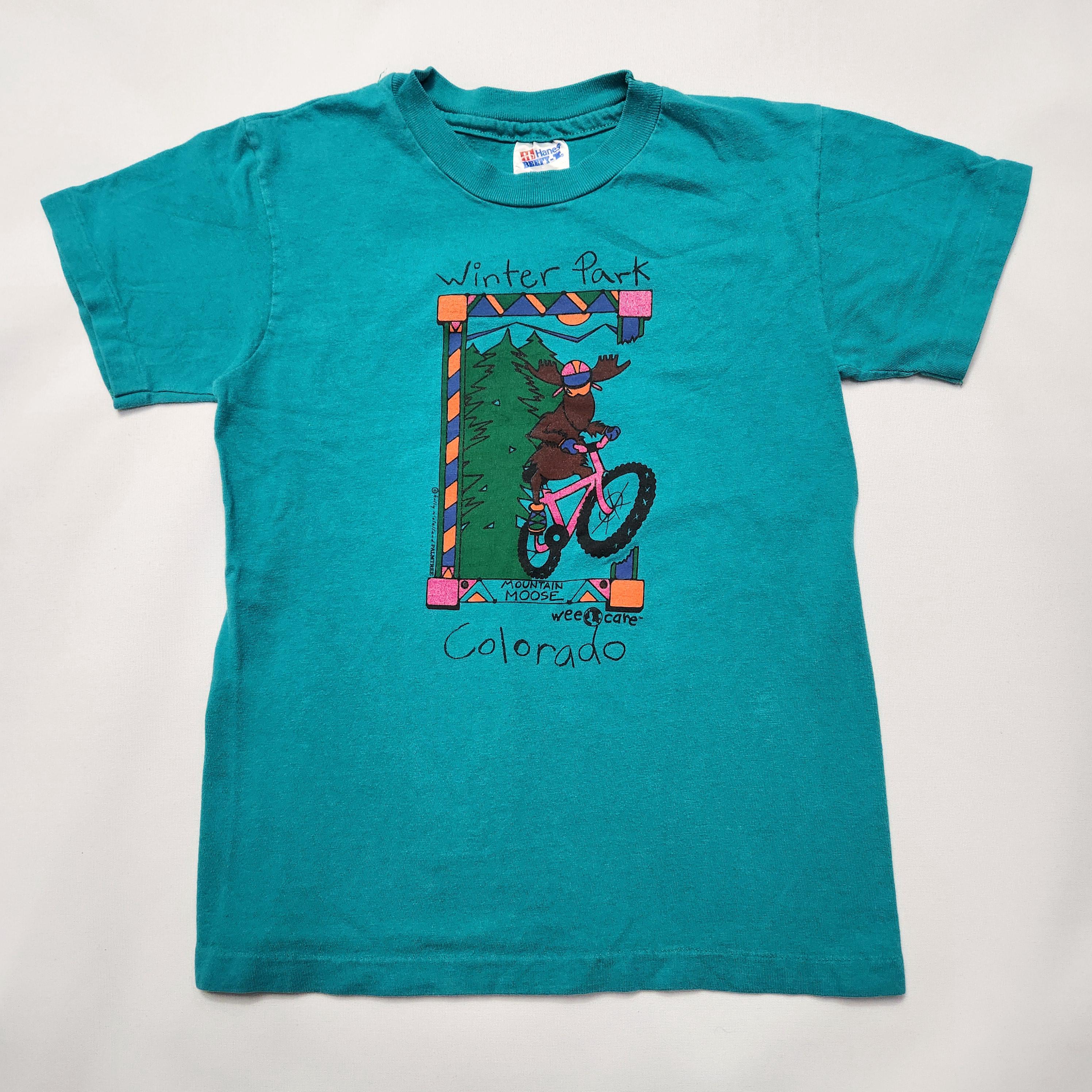 Vintage 90s Winter Park Colorado Moose Mountain Bike Kids 5-7y Tee Hanes Teal M