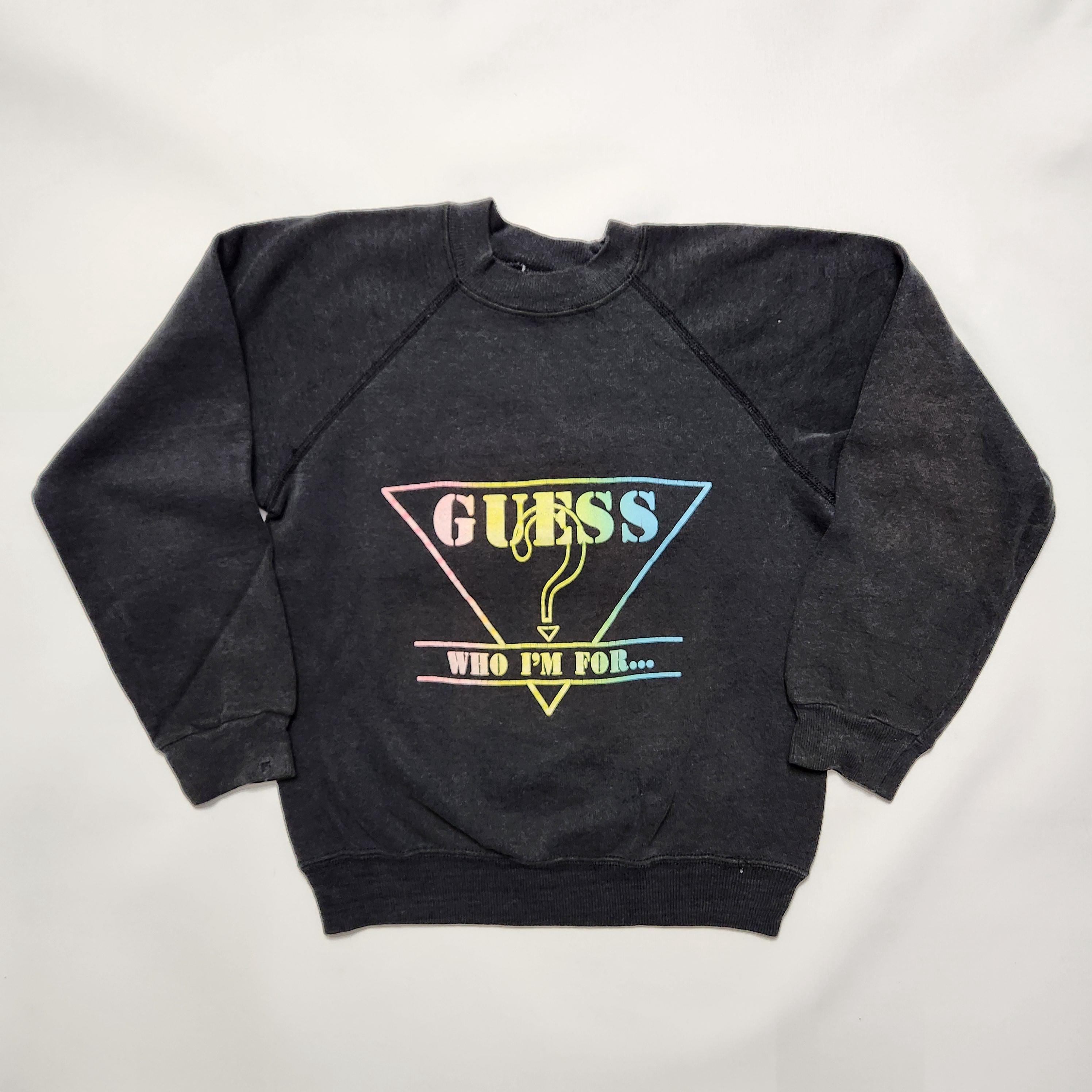 70s 80s Kids Vintage Guess Rainbow Color W Sided Print Black Raglansleeve Sweatshirt / 7y 8y 9y