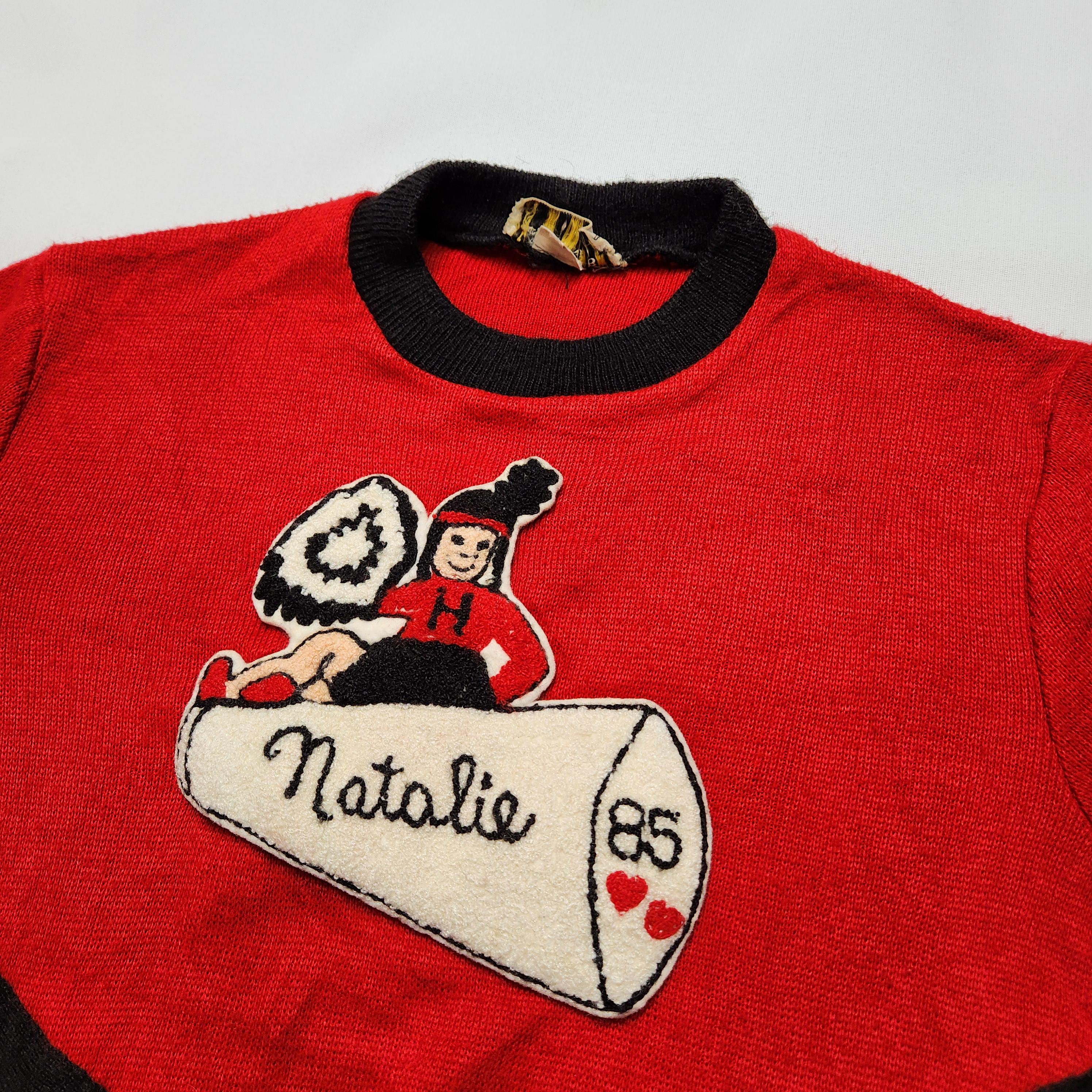 Vintage 85 Cheerleader Sweater Natalie Red Black White Chenille Patch image 2