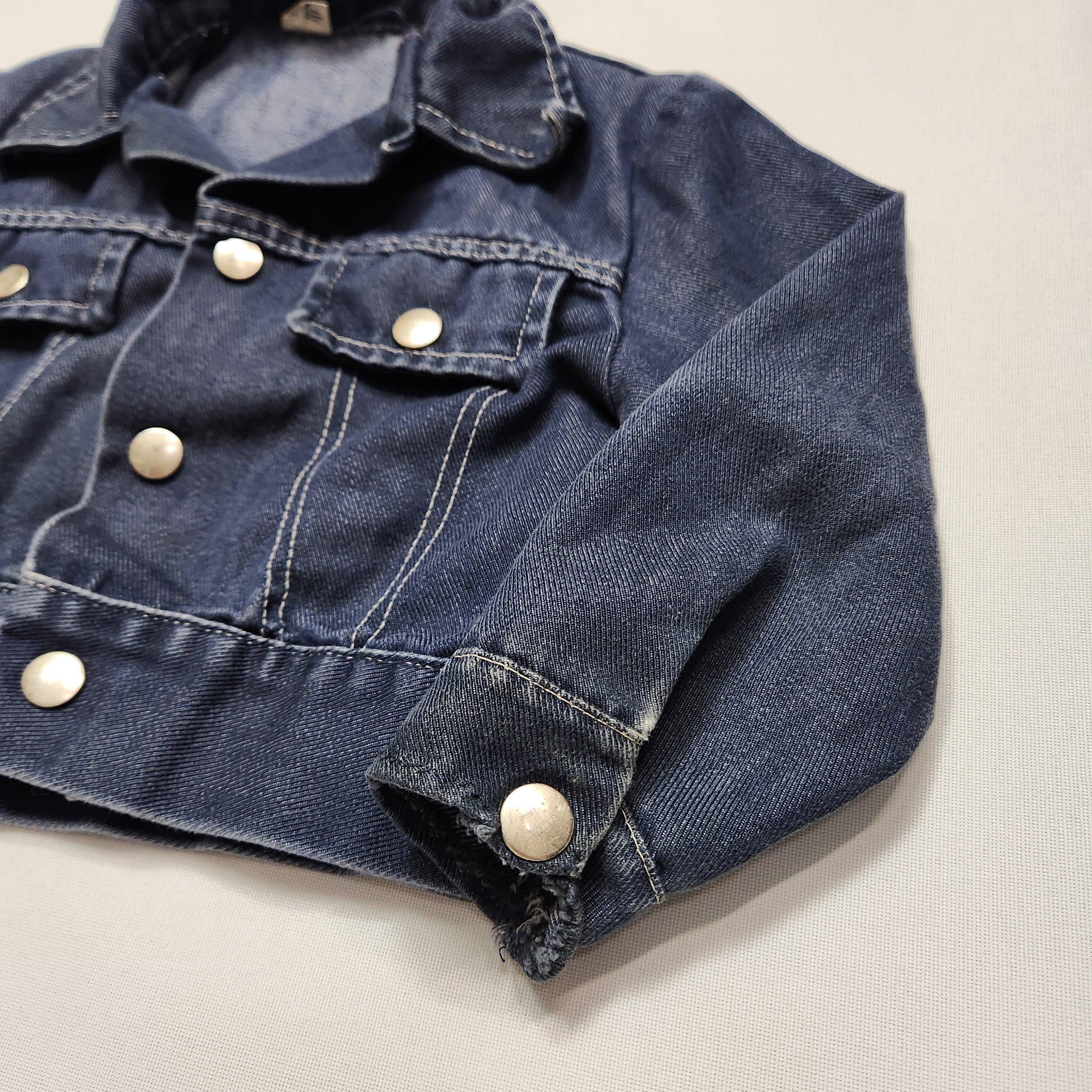 Vintage 70s Dark Wash Denim Jacket Kids Small Snap Button Cropped Jean Jacket image 4