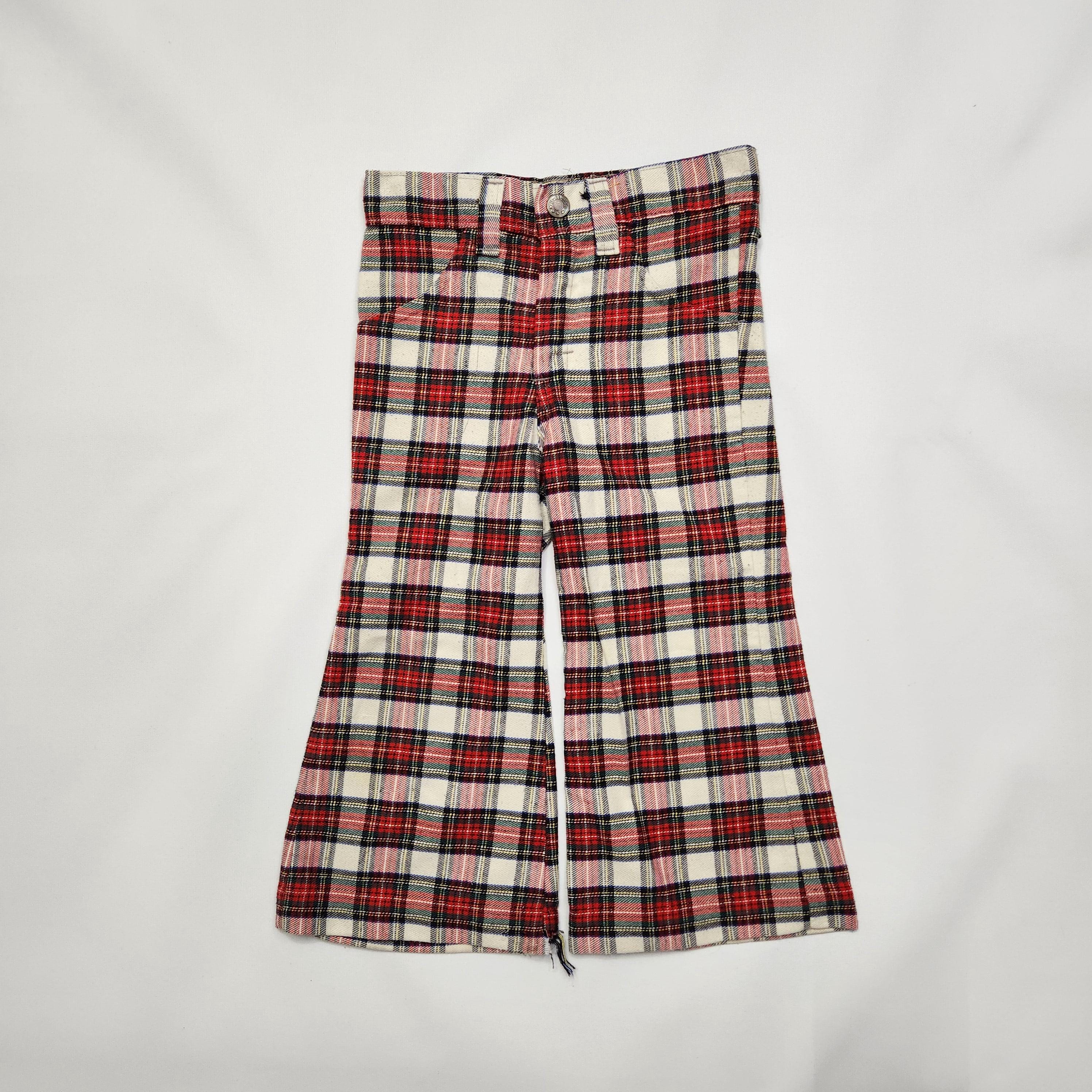 Vintage 70s Mambro Plaid Bell Bottom Pants Kids Size 3/4y Red Tartan Flares