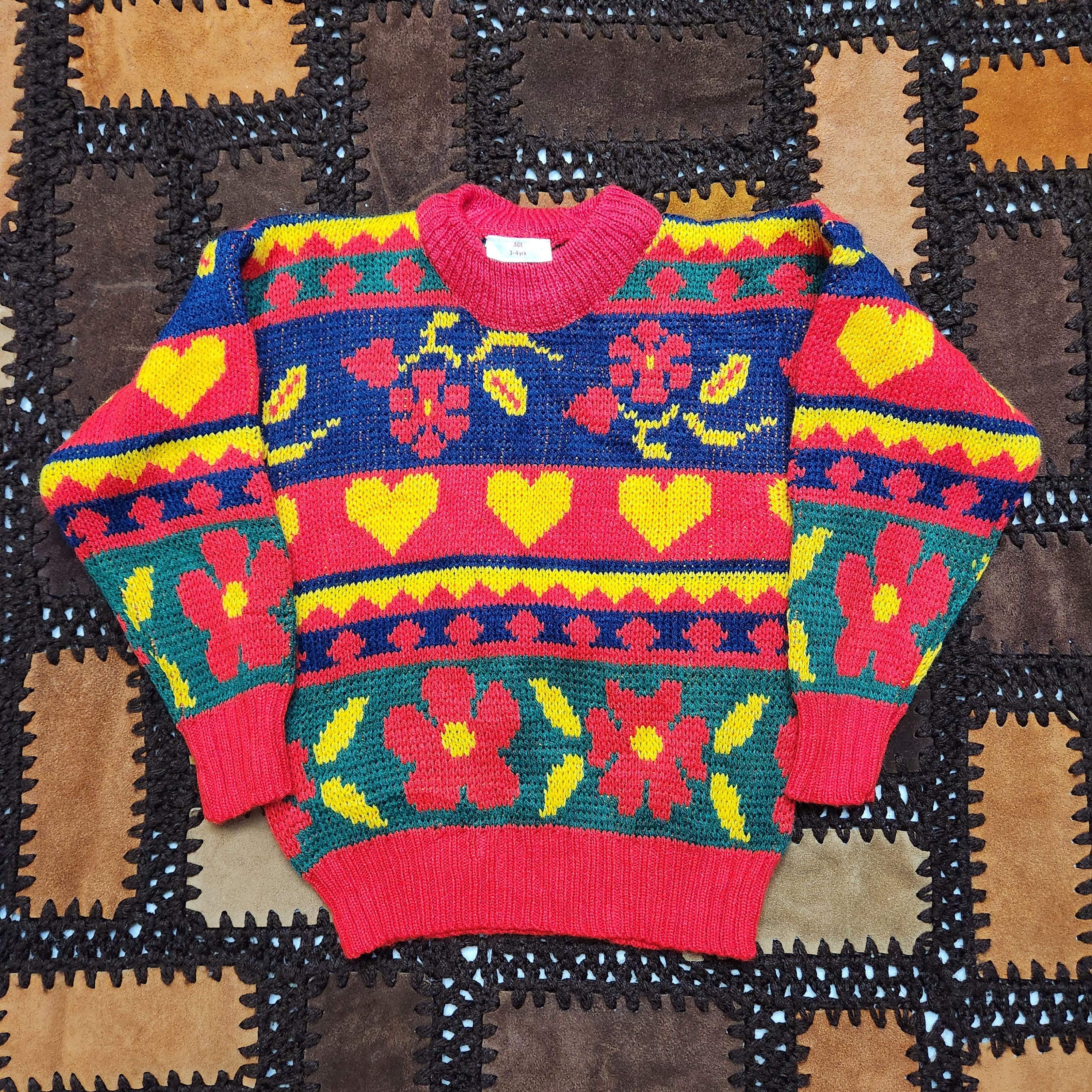 Vintage 90s Kids Colorful Heart Flower Sweater (2T-3T)