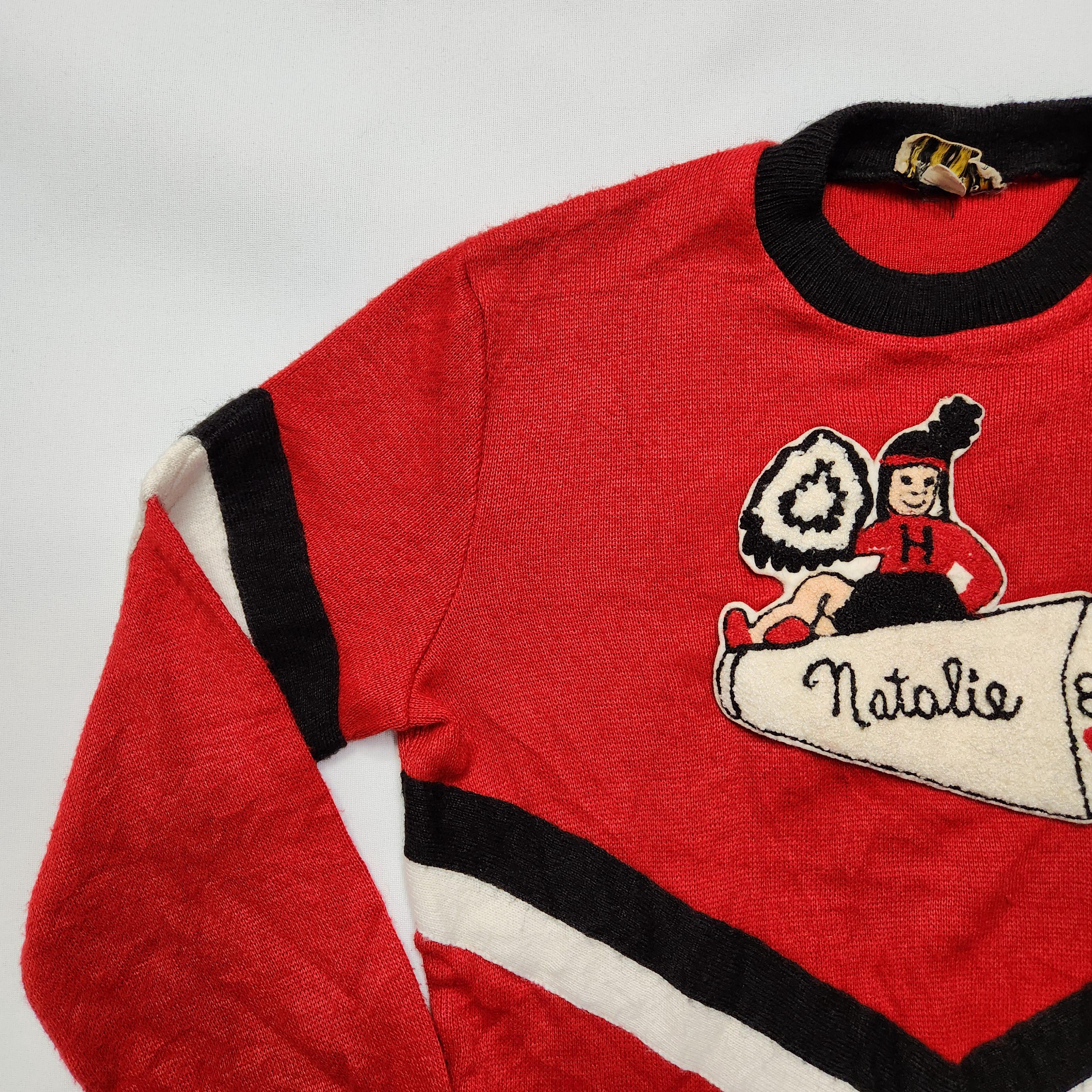 Vintage 85 Cheerleader Sweater Natalie Red Black White Chenille Patch image 6