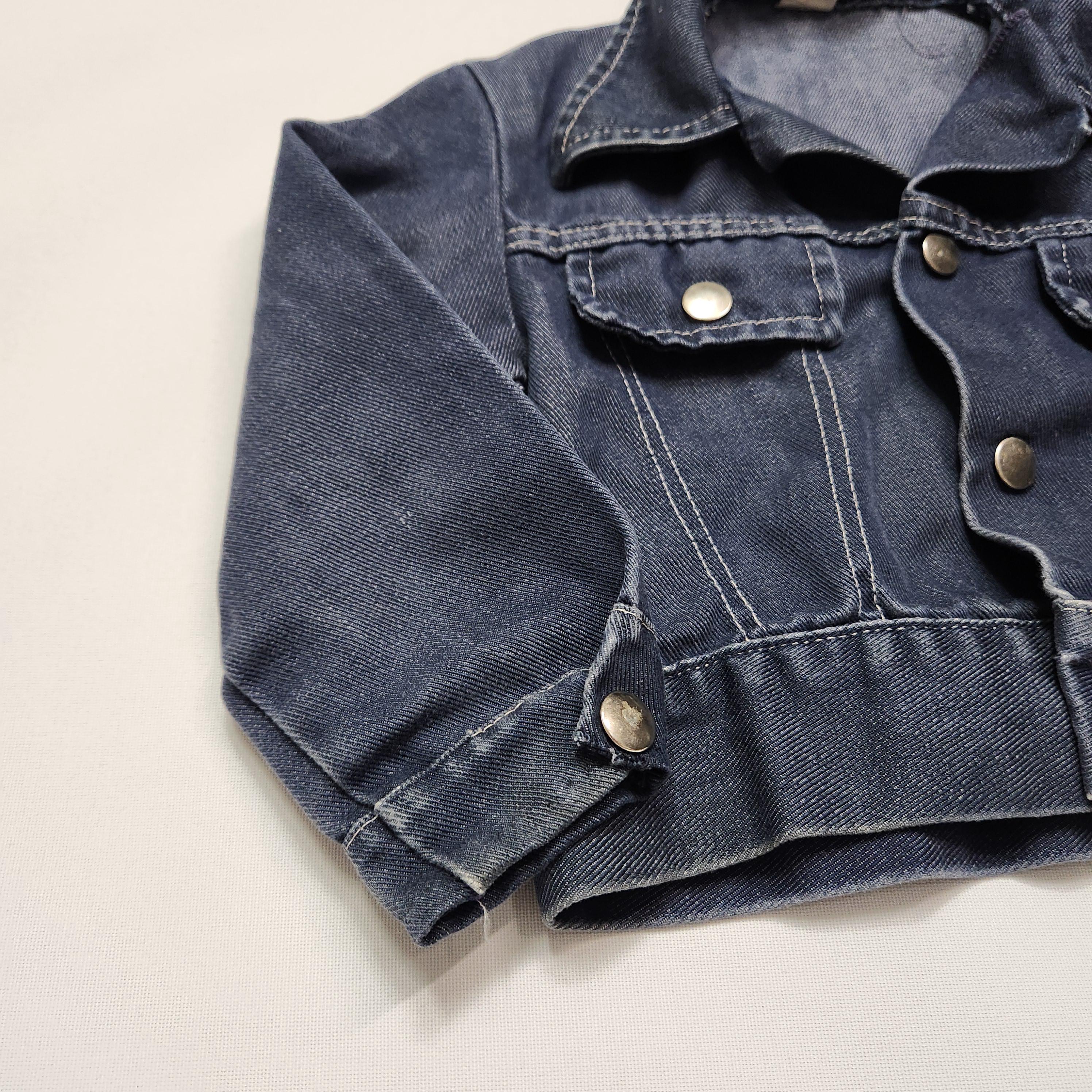 Vintage 70s Dark Wash Denim Jacket Kids Small Snap Button Cropped Jean Jacket image 3