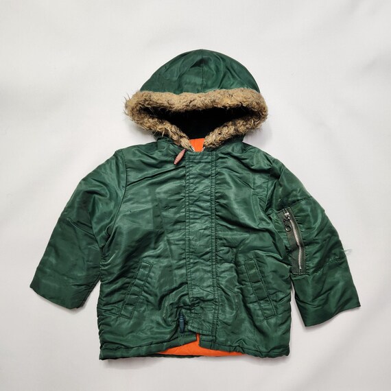Vintage 70s Kids Green N-3B Parka Jacket Faux Fur Hood Talon Zip