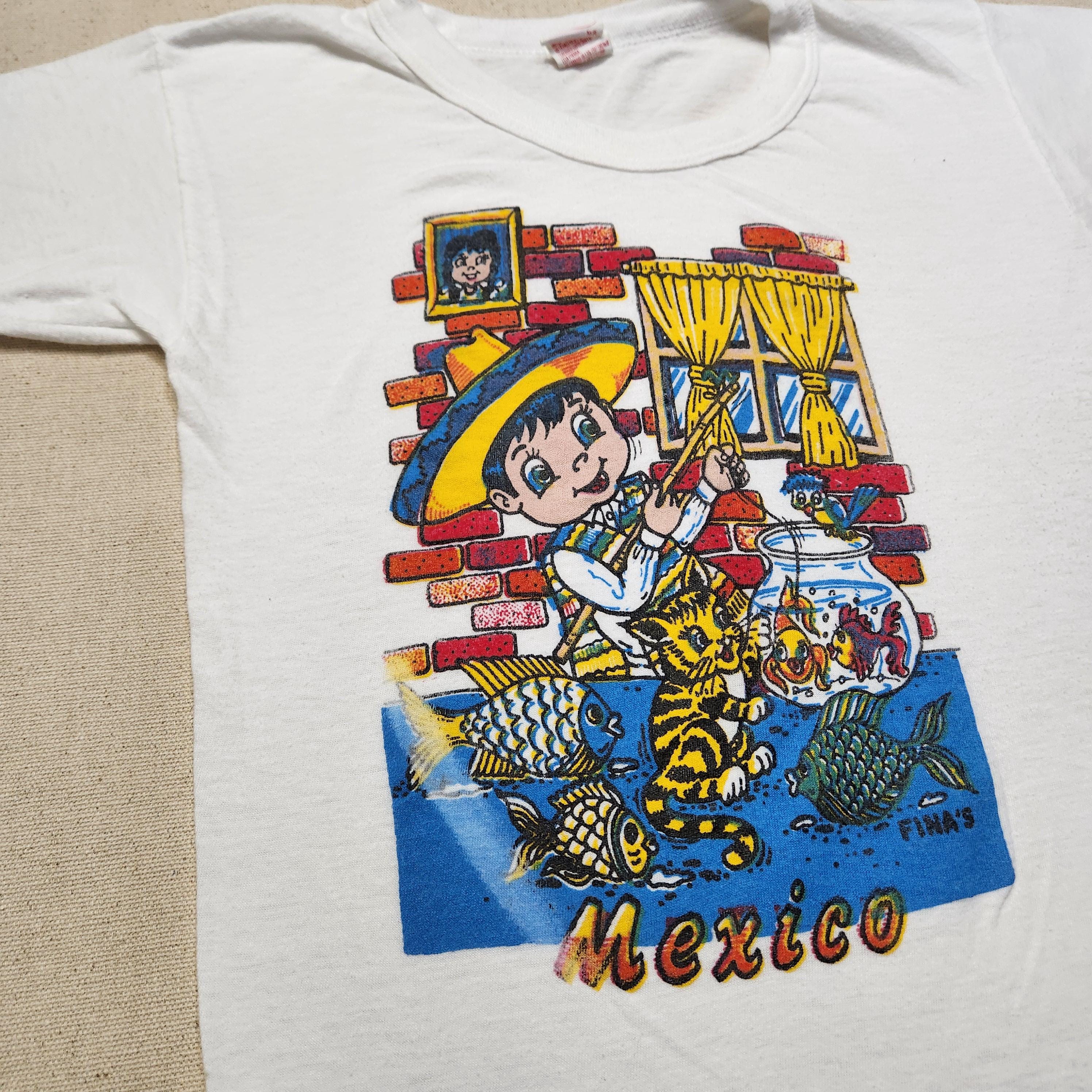Vintage 80s Mexico Souvenir Tshirt: Fish, Cat & Boy Print image 2