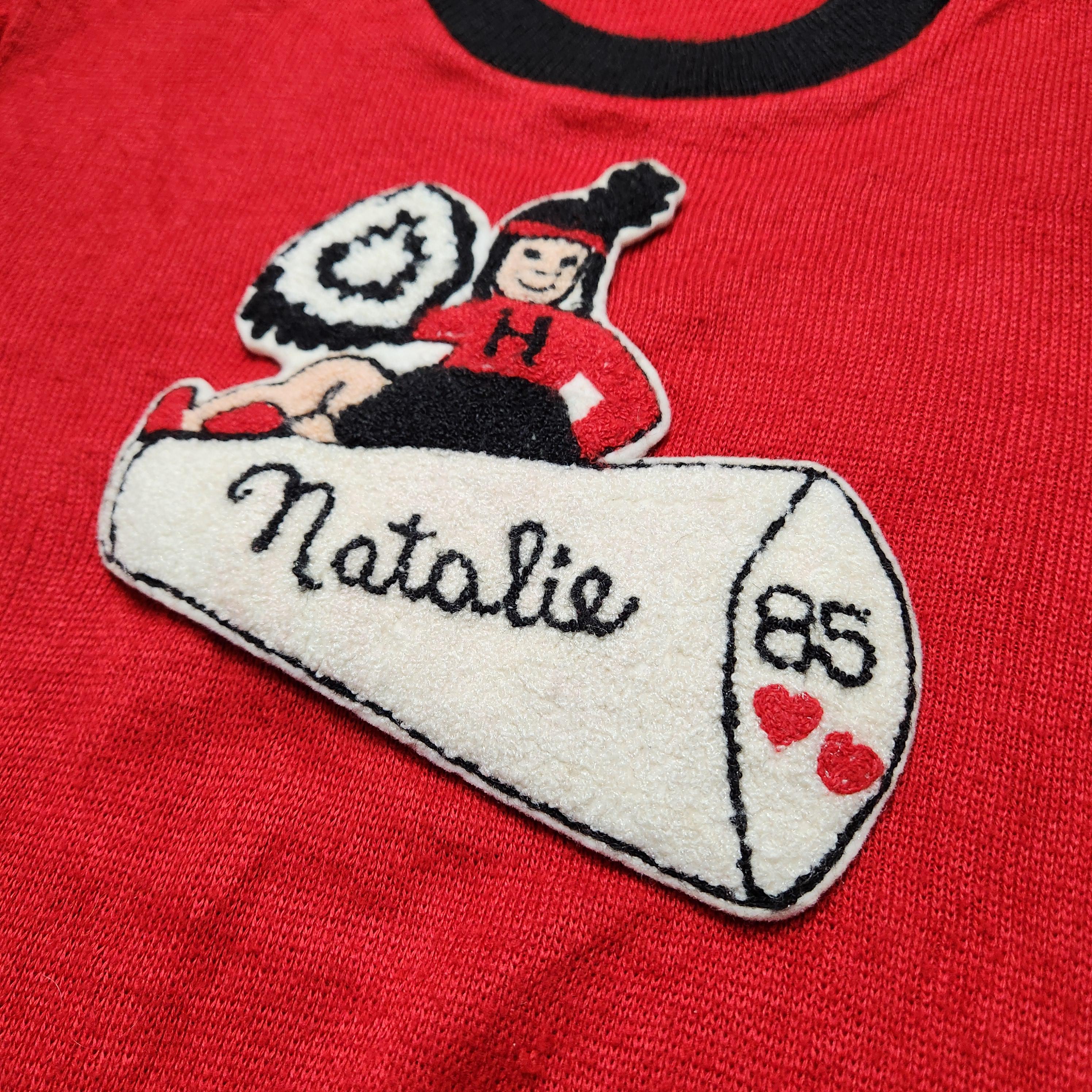 Vintage 85 Cheerleader Sweater Natalie Red Black White Chenille Patch image 7