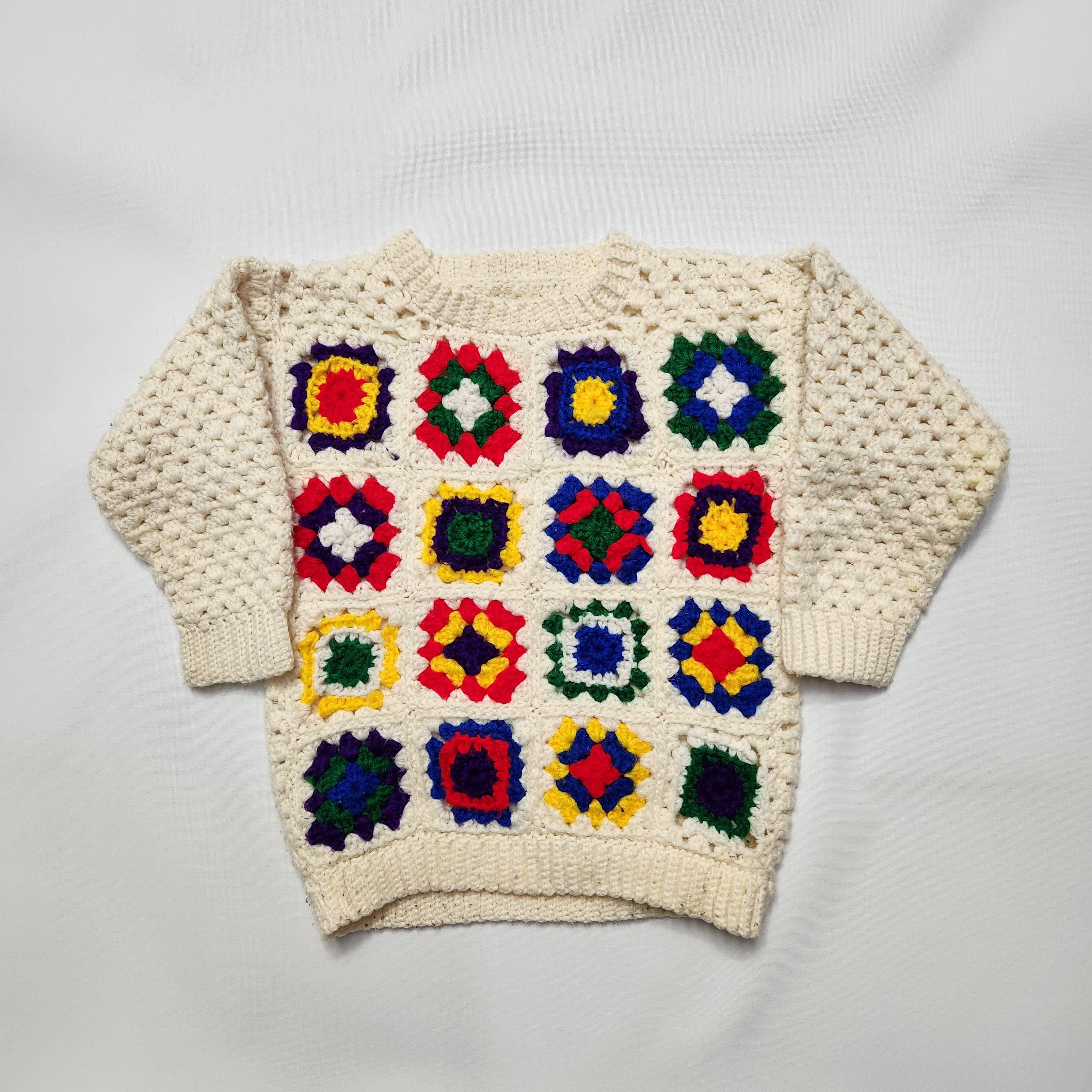 Vintage 70s Crochet Granny Square Sweater Kids Cream Multi Color Boho 5-7y