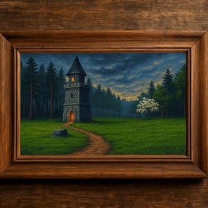 Pixel Art Tower Print – Glowing Stone Spire at Dusk, Cozy Forest Landscape, 1990s Adventure Game Style Digital Download