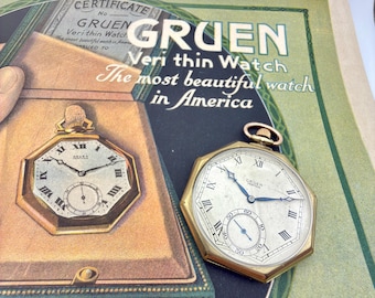 Vintage Gruen Verithin Octagon Pocket Watch - 17J 5 Adj - RUNS - 1920s - 44mm