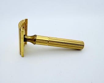 Vintage Gillette Tech Safety Razor Gold Tone 3 Piece Double Edge 40s-50s