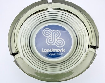 Vintage Landmark Hotel Casino Las Vegas Smoked Glass Ashtray Ribbed MCM Logo