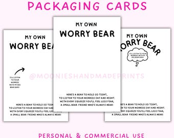 Printable Worry Bear Cards, Worry Bear Design, Pocket Hug Template, Resin Backing Card Prints, Mental Health Cards, Printable Bear Hug