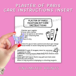 May include: A square white card featuring Plaster of Paris painting kit care instructions with black text and illustrations of paint tubes and a brush. A small, light purple butterfly-shaped plaster figure with iridescent wings is held nearby.
