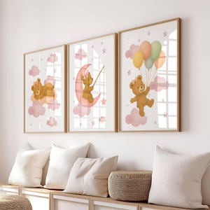 Teddy Bär Kinderzimmer Dekor Mädchen Wand Kunst 3er Set | Bär Kinderzimmer Dekor mit Wolke, Sterne & Mond | Pink Kinderzimmer Kunst
