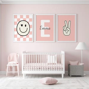 Girl room name print, custom checkerboard nursery wall art with smiley and peace design, girls bedroom decor for playroom and nursery gift