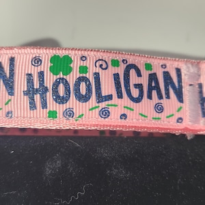 May include: Pink ribbon with the text "Hooligan" in blue glitter lettering with green shamrock and swirl designs.