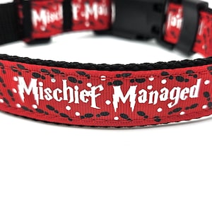May include: Red dog collar with the words "Mischief Managed" in white, along with black paw prints and white dots. The collar has a black buckle and trim. The text "Mischief Managed" is repeated on the collar.