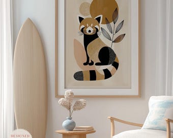 Könnte beinhalten: Ein gerahmter Kunstdruck mit einer stilisierten Rotpanda-Illustration in Braun-, Schwarz- und Beigetönen. Das Kunstwerk enthält geometrische Formen und botanische Elemente. Der Druck ist Teil einer 3-teiligen Serie.