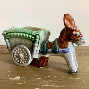Vintage Donkey Pulling a Cart Planter | Made in Japan | Handpainted Ceramic | Cute Mid-Century Modern Decor