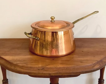 Vintage Tin-Lined Copper Saucepan with Brass Handle – Mid Century Cookware, Rustic Kitchen Decor