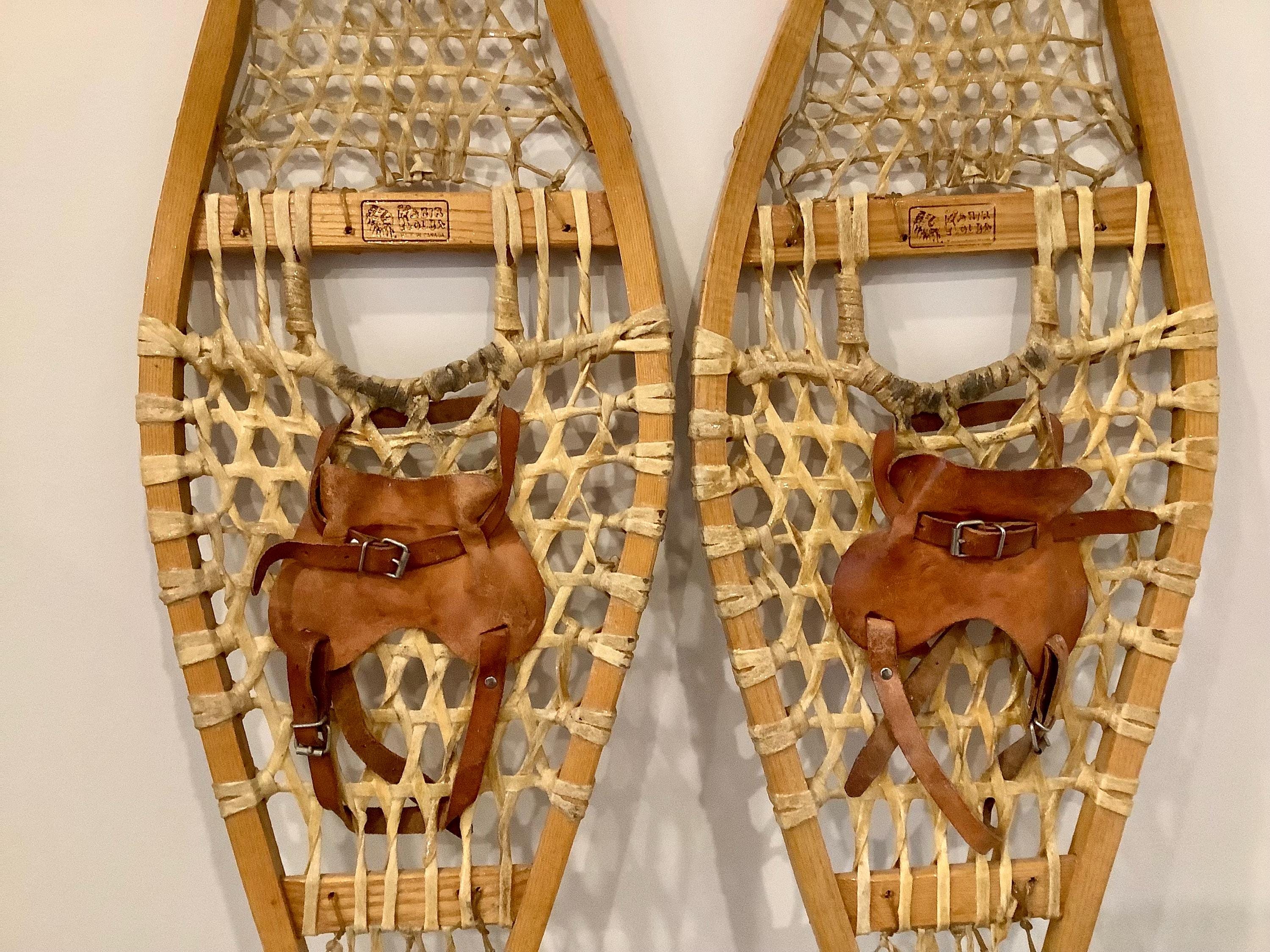 Vintage Kabir Kouba Wood & Rawhide Snowshoes W/ Leather Bindings 48 x 14 Vintage Kabir Kouba Wood & Rawhide Snowshoes W/ Leather  main image 2