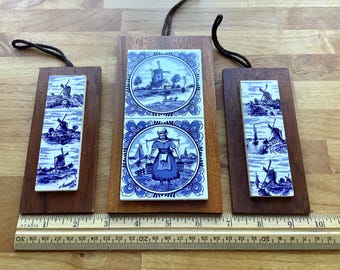 Vintage Delft Blue Tile Plaques: Dutch Windmill Wall Decor (Set of 3)