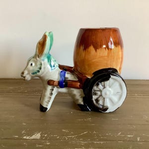 Vintage Donkey Planter – Made in Occupied Japan – Hand-Painted Ceramic Donkey with Cart – Mid-Century Whimsical Figurine