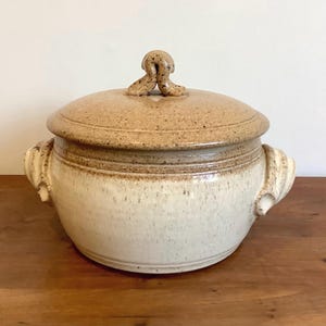 Peut inclure: Une cocotte en céramique ronde avec couvercle, présentant un émail crème et beige moucheté. Le pot possède deux anses latérales à texture festonnée et une poignée centrale en boucle sur le couvercle, avec une finition mouchetée.