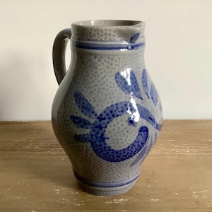 Vintage German Stoneware Salt Glazed Cobalt Blue & Grey Pitcher - 6” tall - European Cottage Farmhouse Style