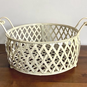Vintage French White Metal Lattice Basket – Scrolled Handles, Footed Decor (12" Round)