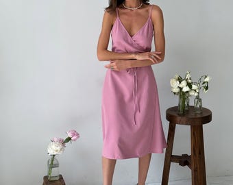 Linen Wrap Dress for Women, Elegant Natural Midi Dress, Breathable Cotton Linen Blend, Summer Vacation Outfit, Clothing Gift for Her, Wife