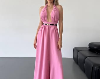 Multiway Halter Jumpsuit for Women, Convertible Wide Leg Jumpsuit, Open Back Outfit, Wedding Guest, Summer Vacation Outfit, Clothing Gift