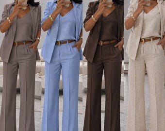3 Piece Linen Pant Suit for Women with Free Belt, Minimalist Linen Blazer, Wide Leg Pants and Cami Top Set, Summer Clothing, Clothing Gift