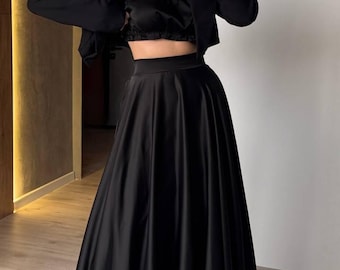Satin Full Circle Maxi Skirt with Lining, High Waist Elegant Skirt, White or Black Statement Skirt, Personalized Clothing Gift For Her, Wife