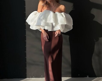 2 Piece Satin Set for Women, Off Shoulder Ruffle Top and Maxi Skirt Set, Wedding Guest Outfit, Bridal Shower Outfit, Modern Gifts For Her