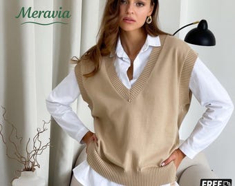Cotton Knit Sweater Vest, Women Sleeveless Pullover, Soft Casual Knit,  Beige or White, Clothing Gift for Mother's Day, Cristmas, Birthday