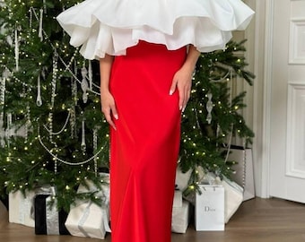 2 Piece Satin Set for Women, Off Shoulder Ruffle Top and Maxi Skirt Set, Wedding Guest Outfit, Bridal Shower Outfit, Modern Gifts For Her