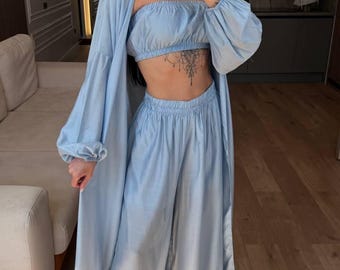 3 Piece Tencel Set, Lounge Wear Set, Long Cardigan, Wide Leg Pants, ant Tube Top Outfit, Women's Pajama Style Resort Wear, Clothing Gift