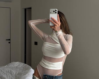 Body de malla transparente para mujer, body asimétrico de manga larga, body con aberturas, top para salir, conjunto de moda, top llamativo, regalo de ropa
