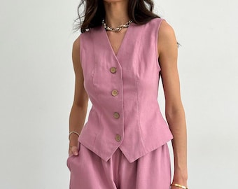 Linen Vest and Shorts Set for Women – Summer Two Piece Outfit or Separate Pieces, Casual Boho Cotton Blend Suit, Summer outfit gift for Wife