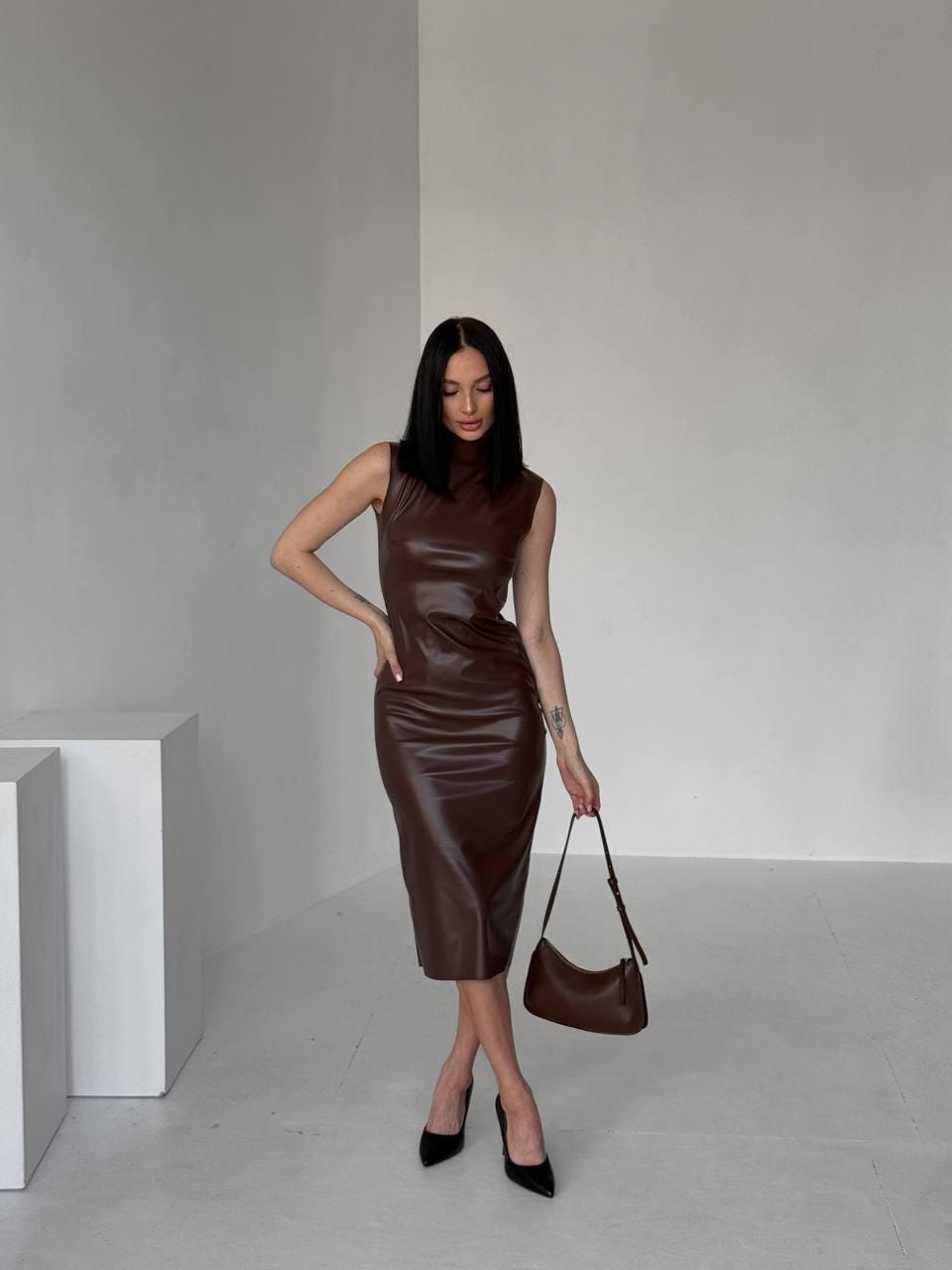 leather bodycon dress Nika Leather Bodycon Mini Dress Shop American Threads Boutique Red / S