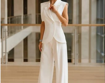 Women Vest Suit Set, Sleeveless Blazer and Wide Leg Pants, Minimalist Office Outfit, Elegant Summer Two Piece Suit, Clothing Gift For Her