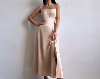Satin Corset Midi Dress, High Slit Cocktail Party Dress, Wedding Guest Dress, Romantic Date Night Dress, Bridesmaid,Prom Dress,Clothing Gift